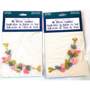 2 Silk Ribbon Applique Finishes Pink Roses Flowers Sew On Vintage 2” X 3” NIP